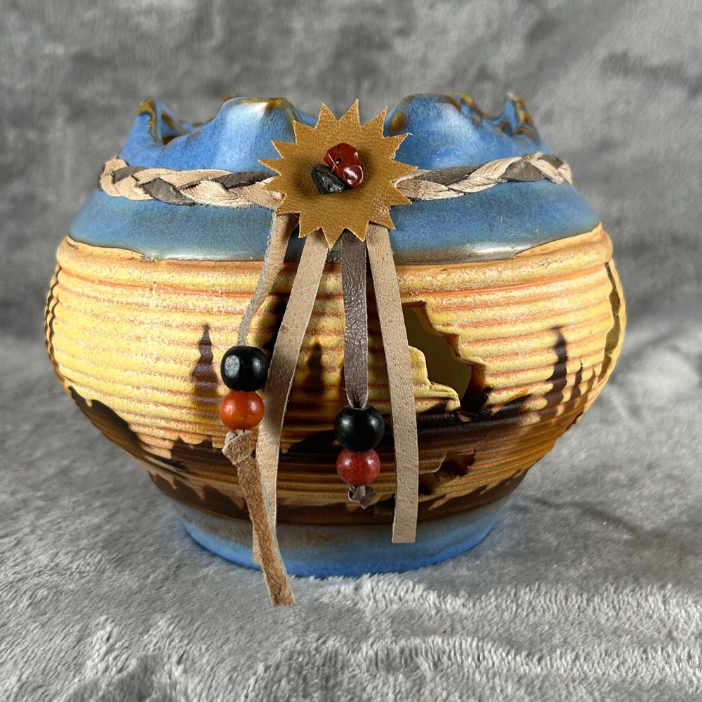 Southwestern Pottery Candle Holder Cutout Tree Landscape Leather Bead Detail